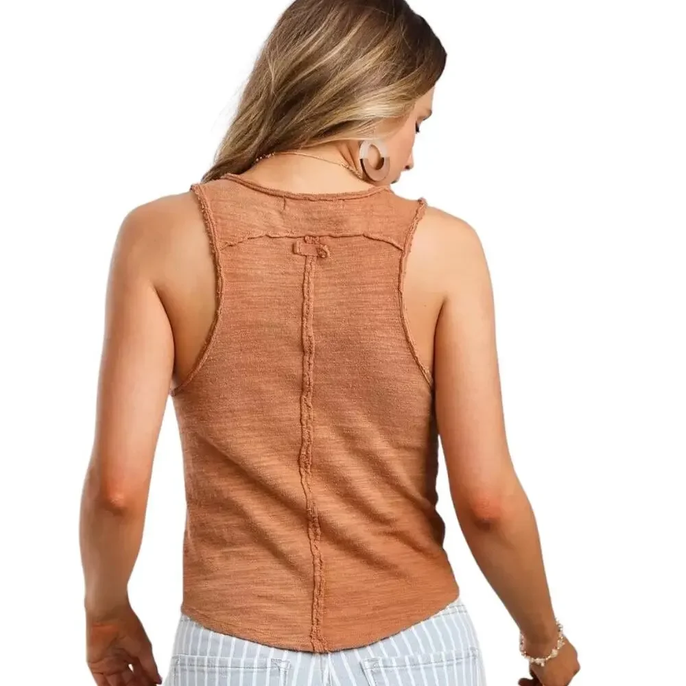 Free People Vintage Textured Henley Tank Medium Doe Rust Sleeveless Top Casual - Picture 2 of 7